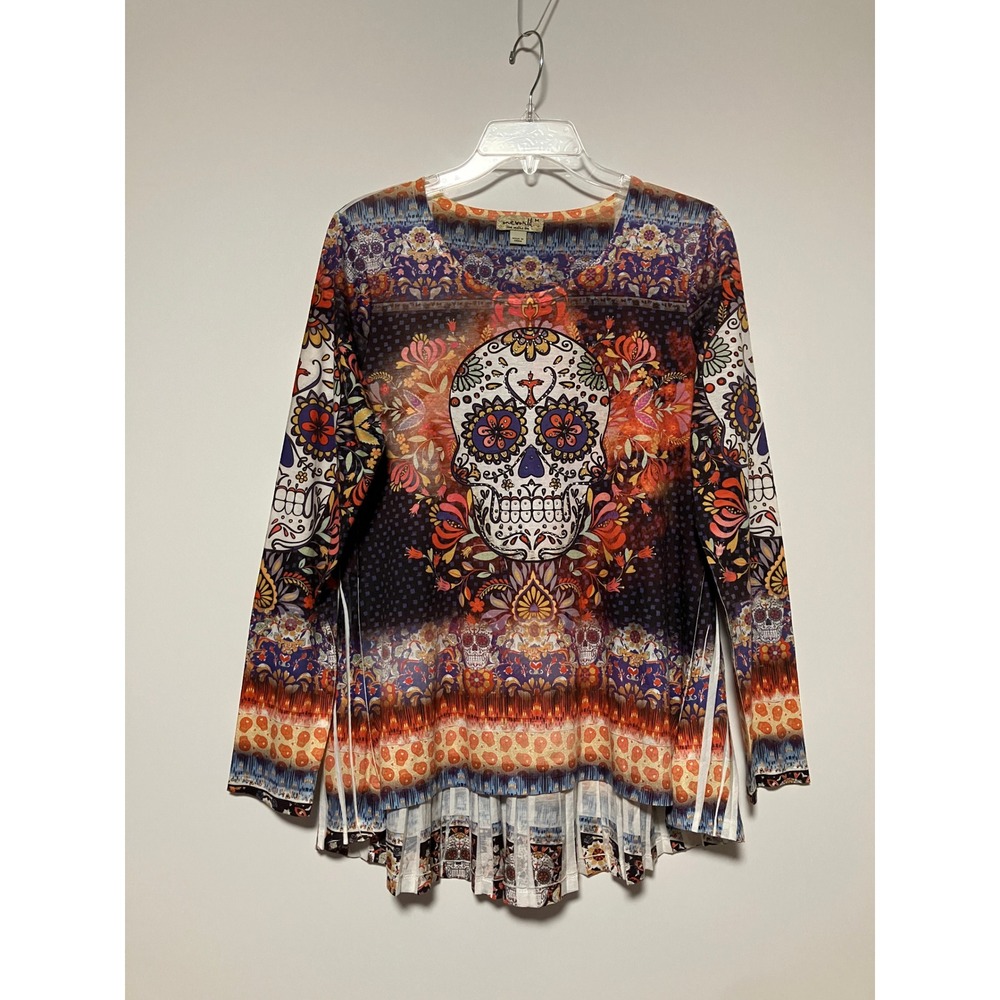 One World Womens Sugar Skull Top M Multicolor Pleated Hem Rhinestone Boho